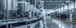 Produktionshalle in der Lebensmittelindustrie mit Mitarbeitenden in Hygienekleidung