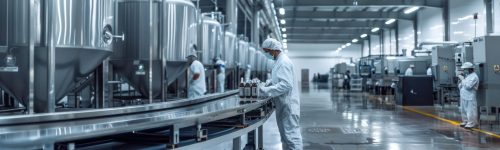 Produktionshalle in der Lebensmittelindustrie mit Mitarbeitenden in Hygienekleidung Produktionshalle in der Lebensmittelindustrie mit Mitarbeitenden in Hygienekleidung