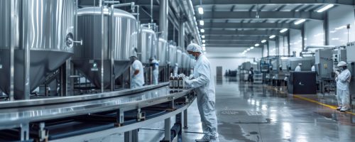 Produktionshalle in der Lebensmittelindustrie mit Mitarbeitenden in Hygienekleidung Produktionshalle in der Lebensmittelindustrie mit Mitarbeitenden in Hygienekleidung